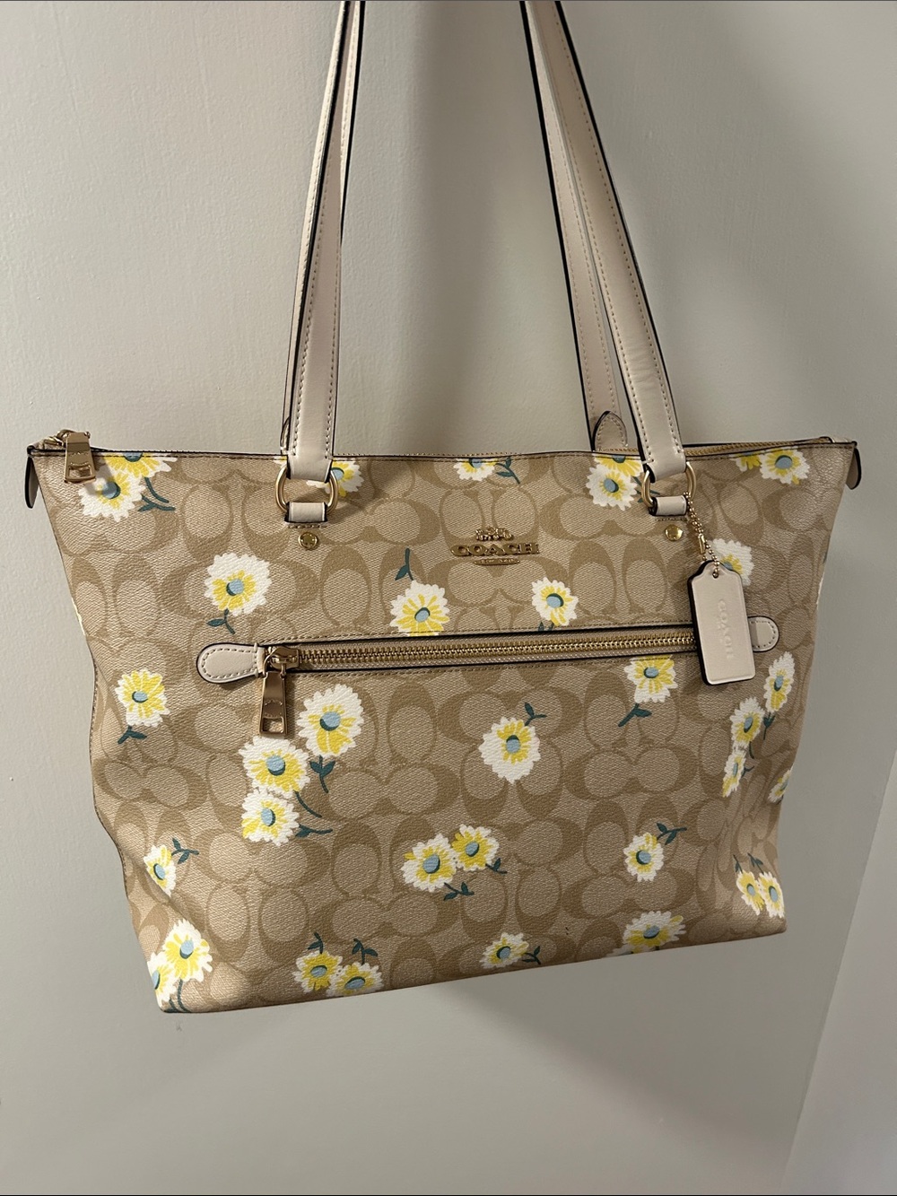 Coach Beige Signature Tote with Yellow Floral Print